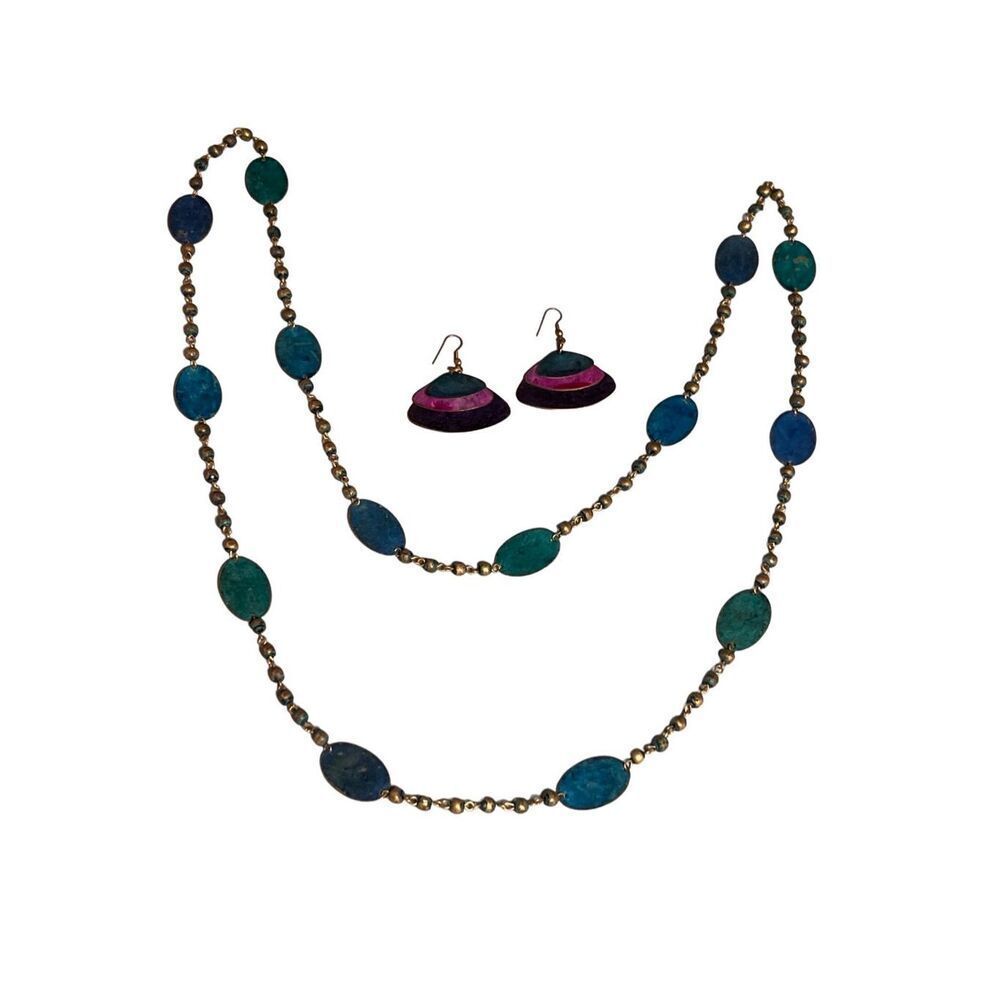 Vintage 1990s Metal Clanky Jingle Dangle Earrings & Beaded Metal Necklace Set